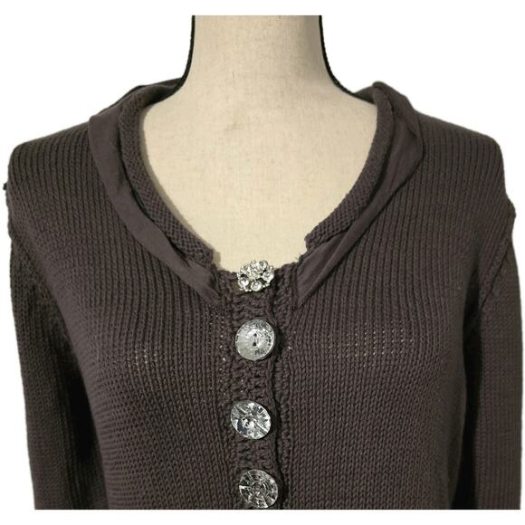 Lulu B Fringed Crochet Sweater Cardigan Women's Sparkle Buttons Boho Brown - Picture 2 of 10